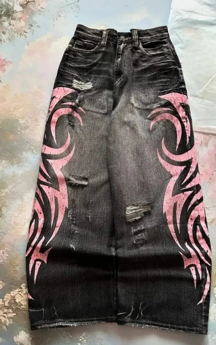 Pembe Tribal Baskılı Harajuku Unisex Pantolon