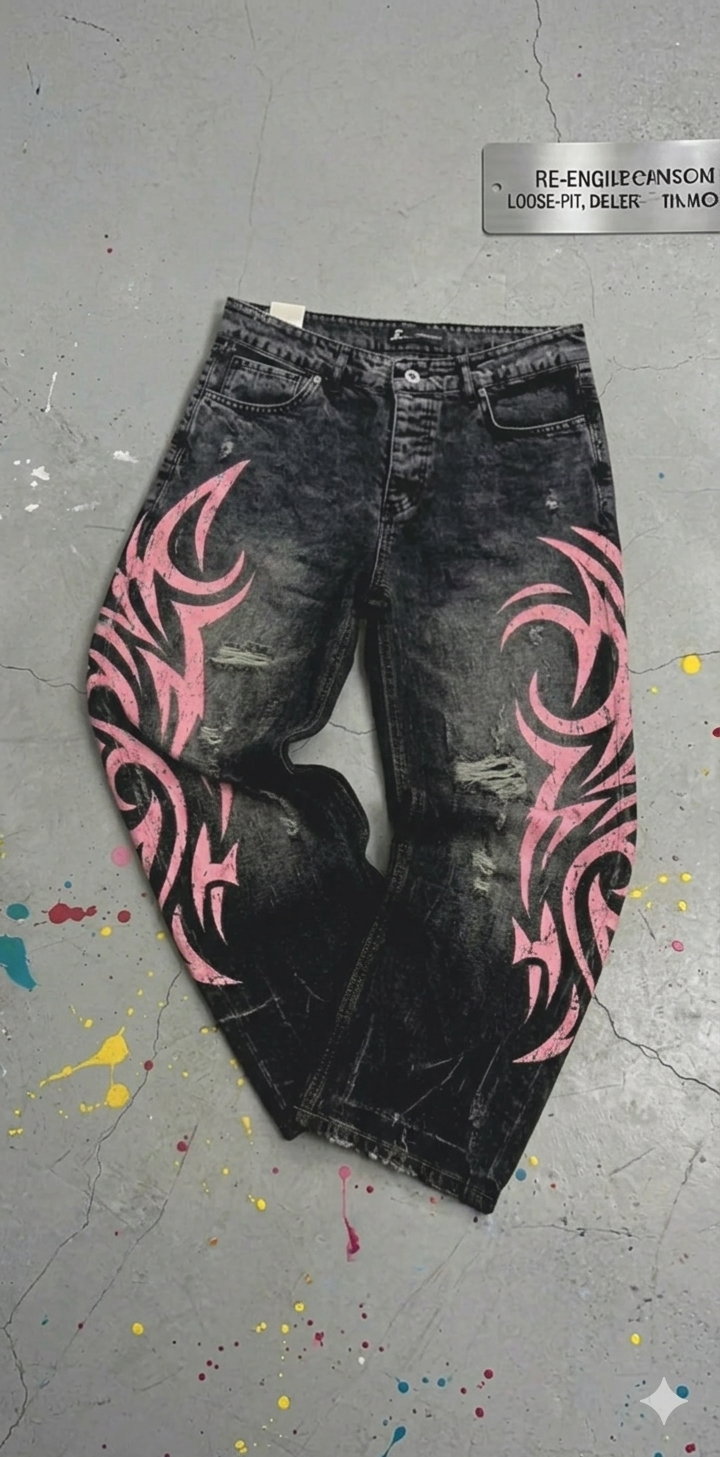 Pembe Tribal Baskılı Harajuku Unisex Pantolon