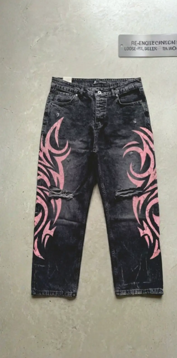 Pembe Tribal Baskılı Harajuku Unisex Pantolon